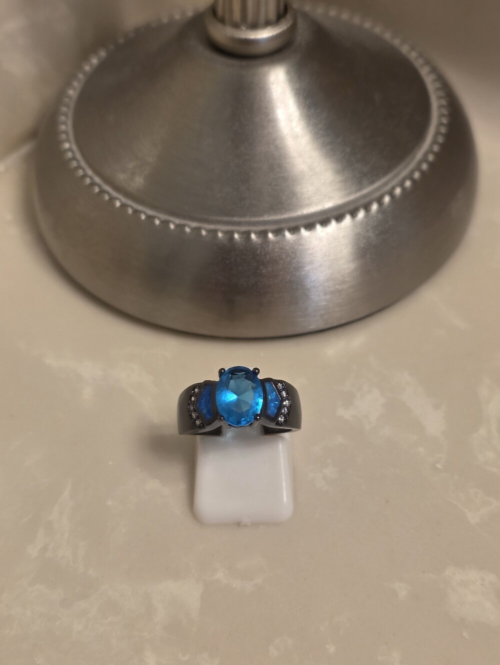 Black Gold Plated Aquamarine and Fire Opal Ring Size 6